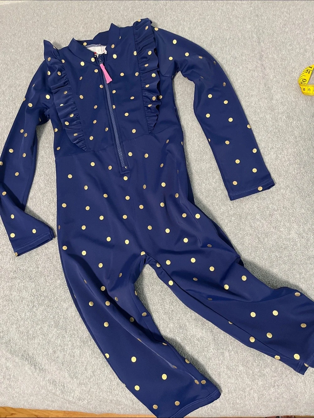 Mini Boden Rashgaurd Onepeice Jumpsuit Swimsuit Girls 7 Longsleeve Polkadot Zip